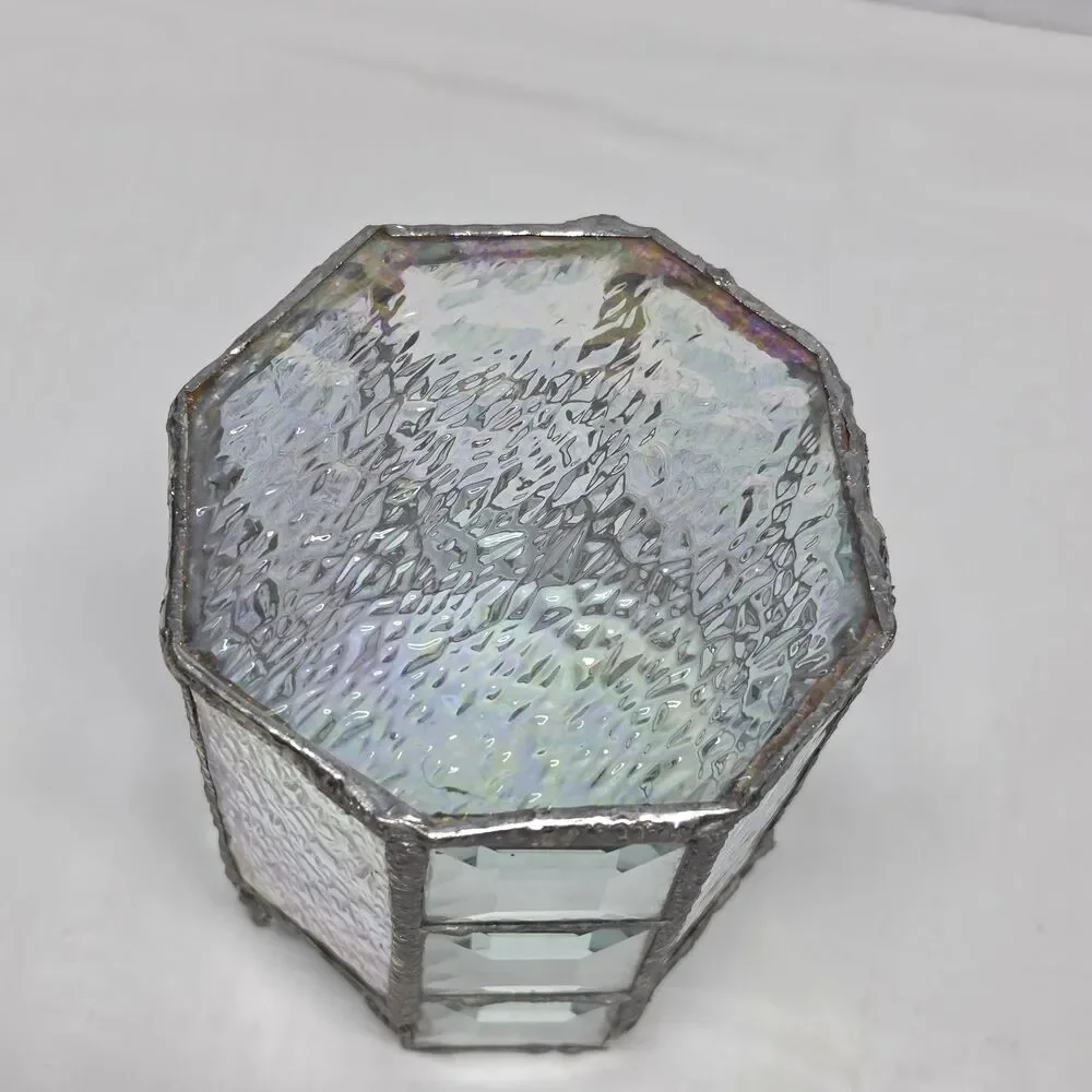 Vintage Stained Glass Votive Tea Light Candle Holder Clear Iridescent MCM